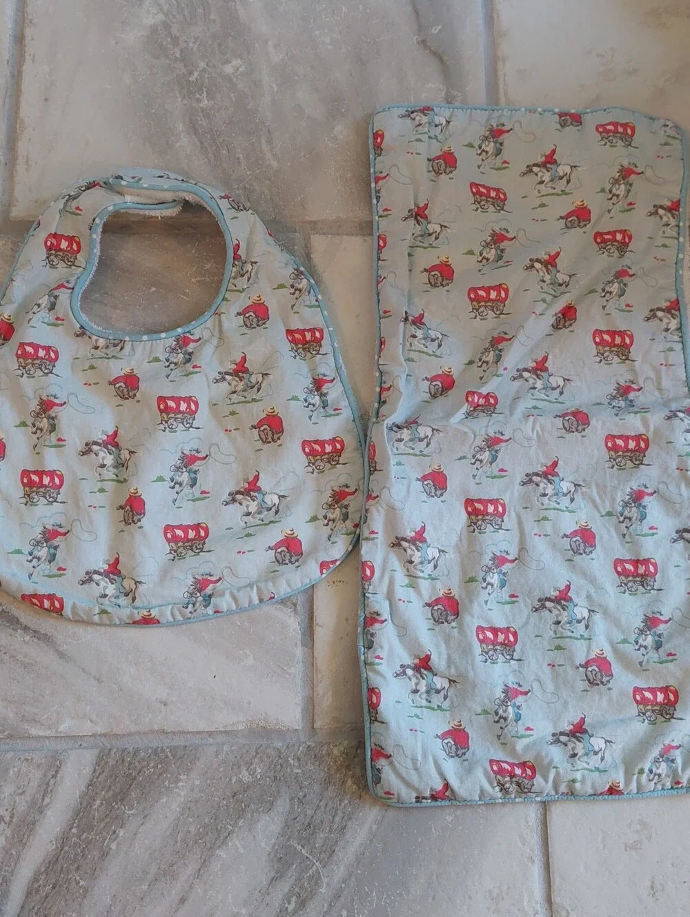 Unbranded Kids Blue Cowboy Print Bib and Burp Cloth Set